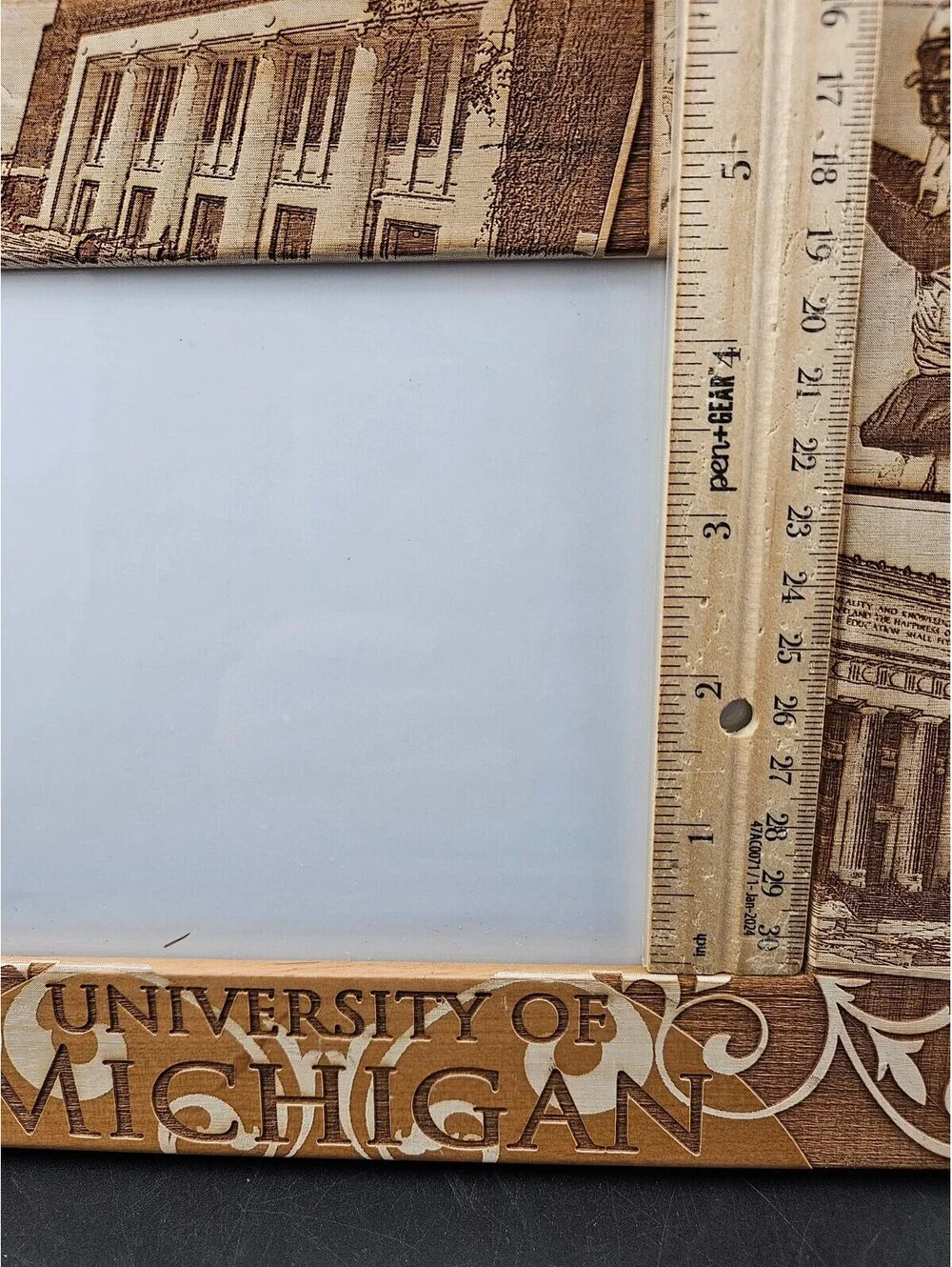 University of Michigan Wooden Photo Frame with Campus and Football Engraved 9x7